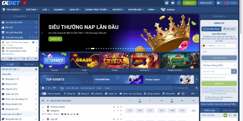 1xbet 1 Giao diện trang chủ nhà cái 1xbet với các mục cược thể thao và casino nổi bật