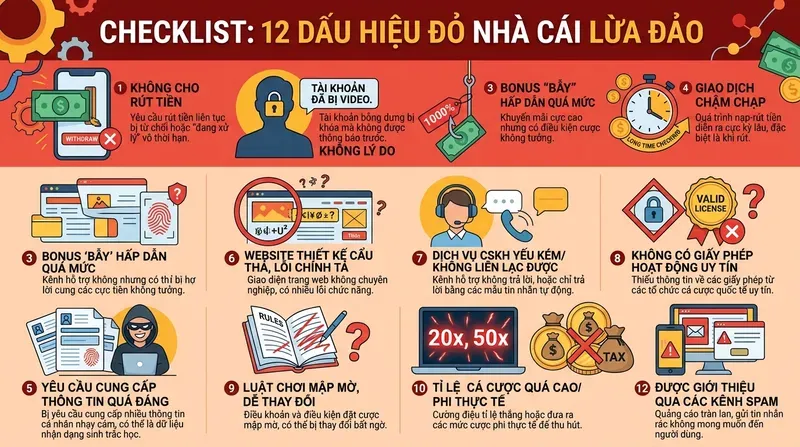 Checklist 12 dấu hiệu đỏ: nhà cái không cho rút tiền, khóa tài khoản, bonus bẫy