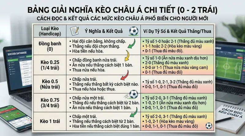 Cách đọc kèo châu Á từ A-Z cho người mới dễ hiểu 3 Giải nghĩa chi tiết các mức kèo phổ biến: đồng banh, 0.25, 0.5, 0.75, 1 trái