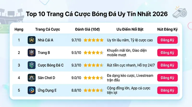 Bảng So Sánh Nhanh 10 Trang Cá Cược Bóng Đá
