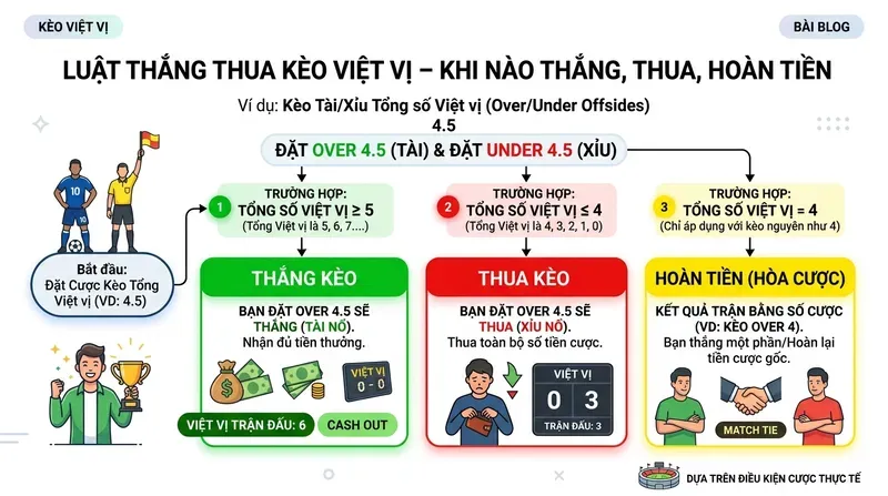 Kèo Việt Vị Là Gì? Cách Đọc & Đặt Cược Hiệu Quả 4 Luật Thắng Thua Kèo Việt Vị – Khi Nào Thắng, Thua, Hoàn Tiền