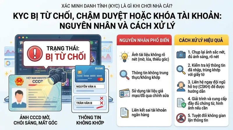 KYC bị từ chối, chậm duyệt hoặc khóa tài khoản: nguyên nhân và cách xử lý